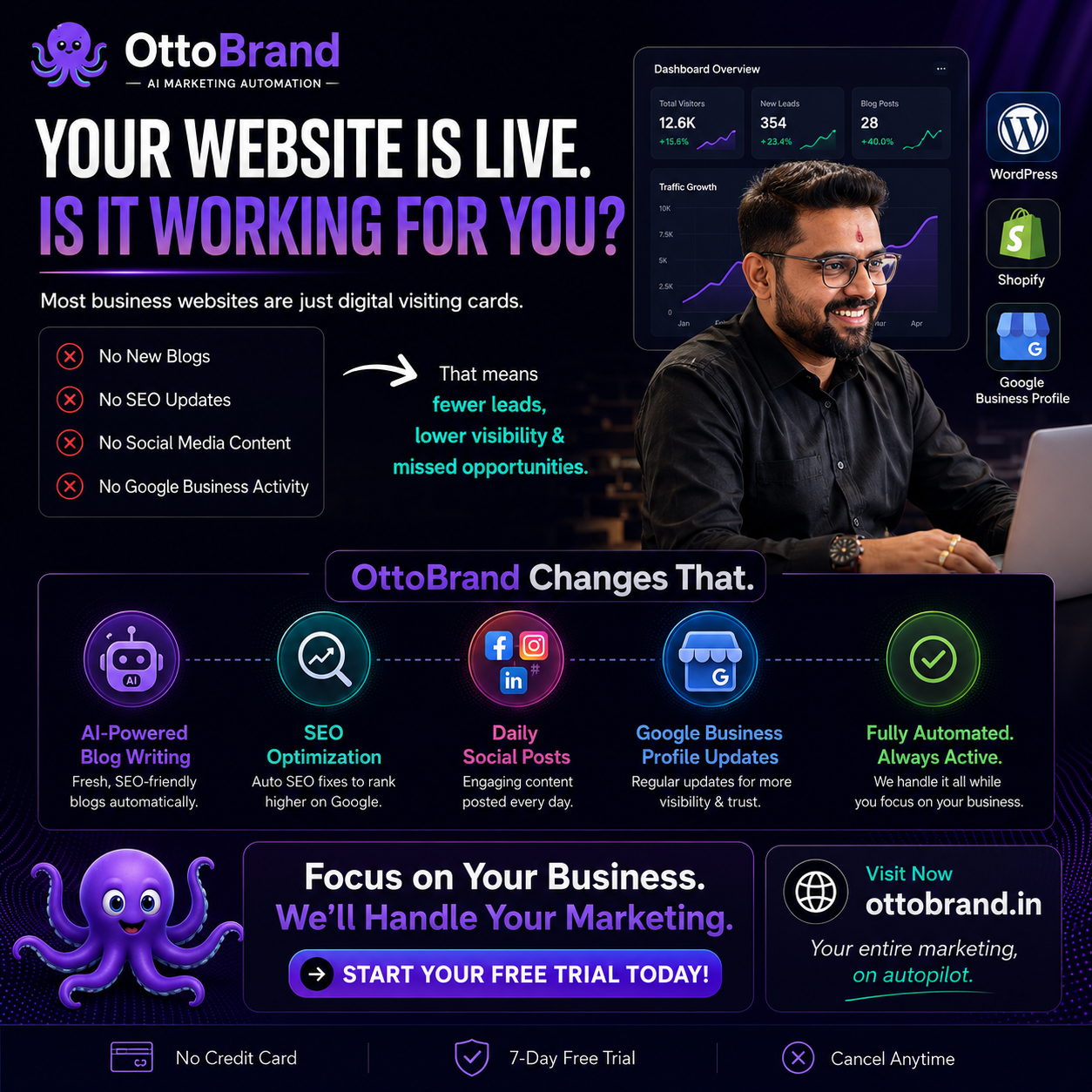 Dashboard showing automated SEO analytics and traffic growth graphs on a laptop screen